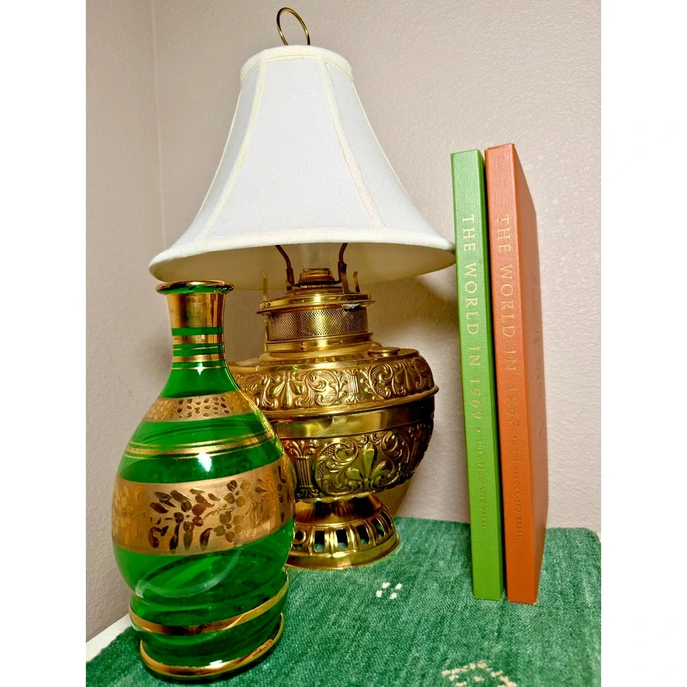 Vintage Emerald Green Glass Vase Gold Gilt Floral Decor 9.5